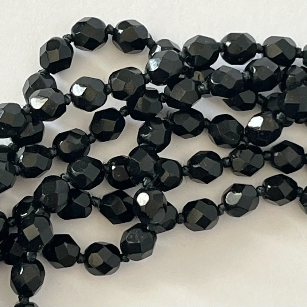 Amazing Vintage Black Beaded Multi Strap Long Tassel Necklace Art Deco Flapper
